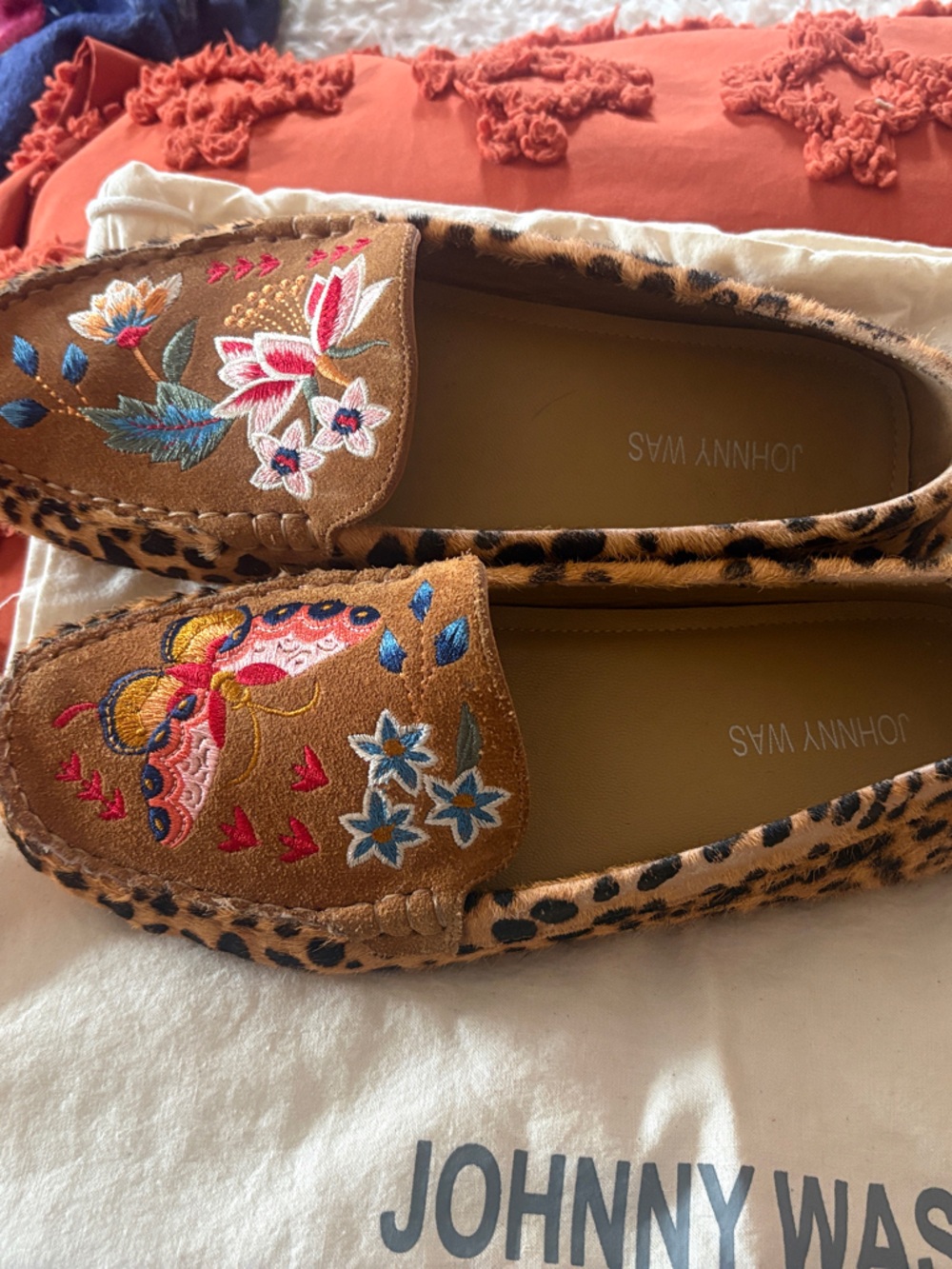 Johnny Was Leopard-Trim Embroidered Suede Flats in Brown with Multicolor Floral